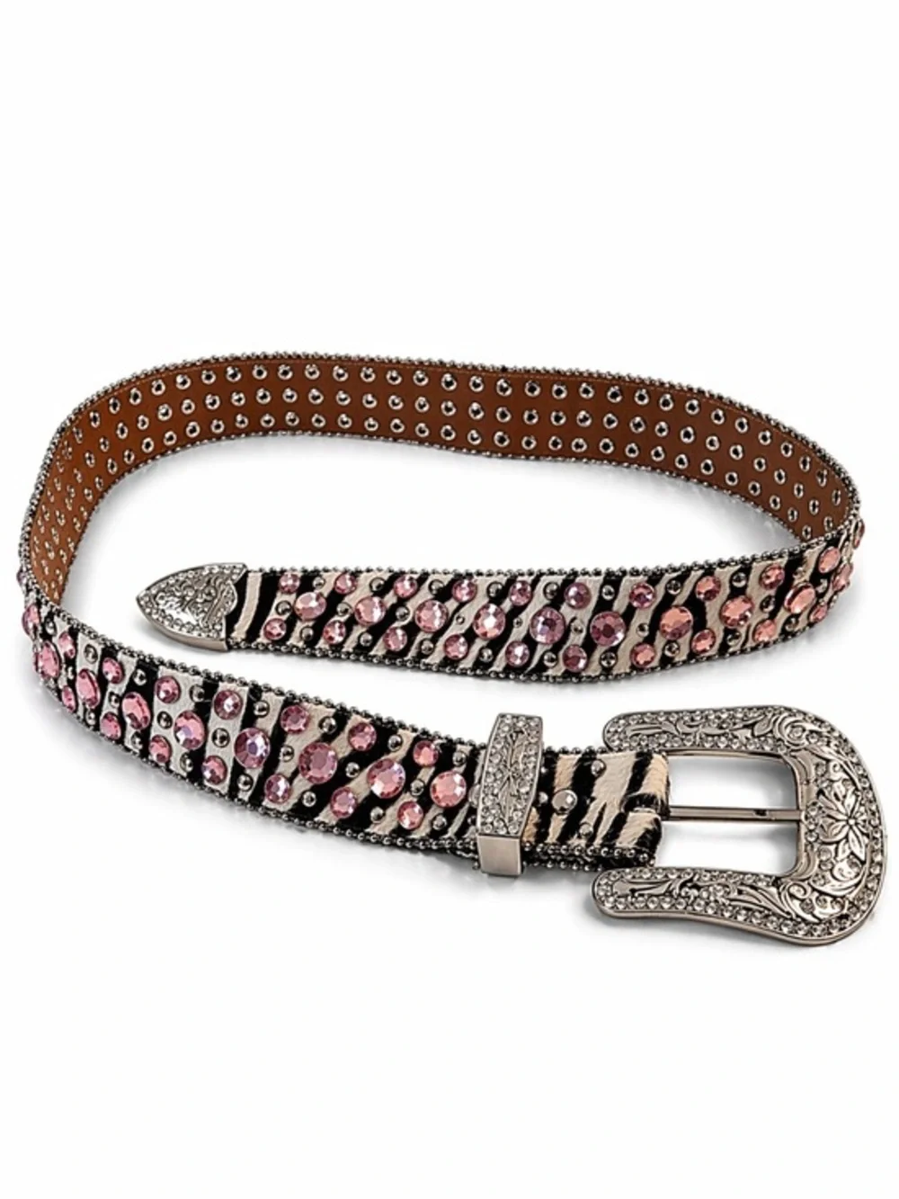 Vintage Western Studded Leather Belt Zebra Pink Rhinestone Rodeo Cowgirl